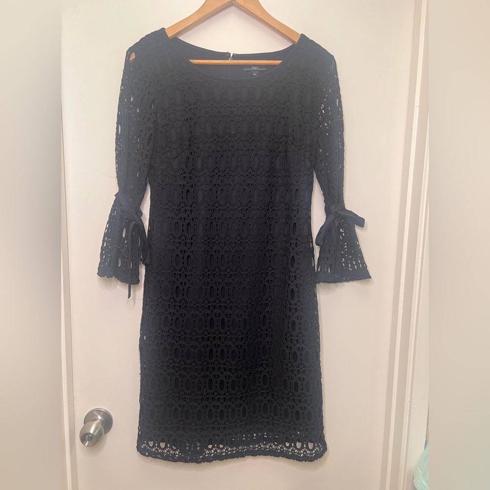 R&K Black Macrame style Midi Lace Dress with Bell Sleeves & bow ties.